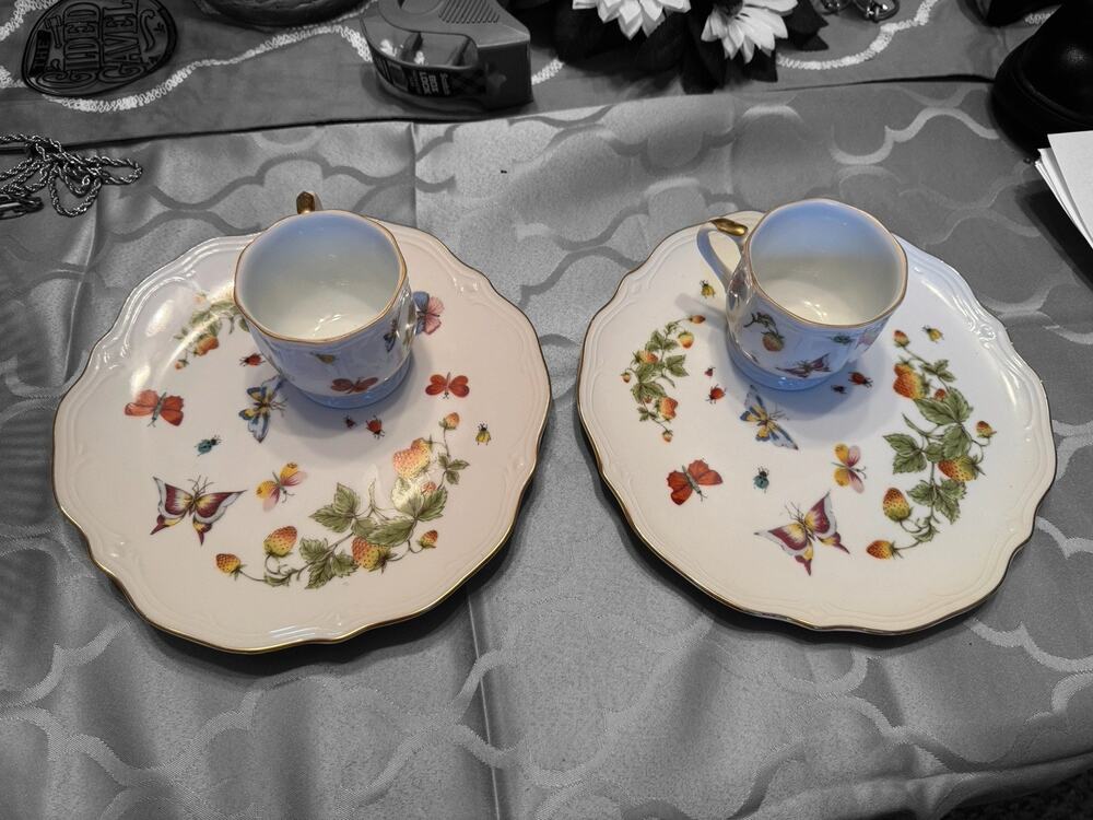 Vintage Ardalt Japan Lenwile Snack Set Strawberry Butterfly Cup Plate Lot x2